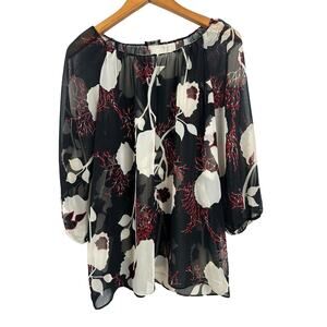 Talbots Women’s Black Red White Floral 3/4 Sleeve Sheer Tunic Shirt Petite Large